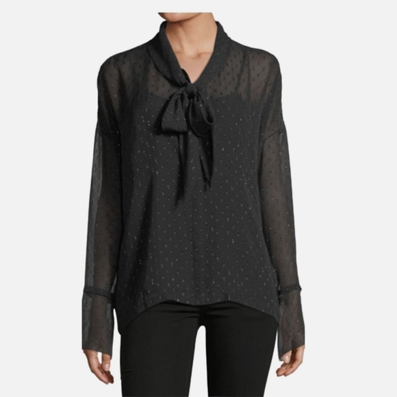 THEORY | Black Metallic Silk Tie Neck Sheer tunic Slit Cuffs -38 chest -33” long - Picture 1 of 6